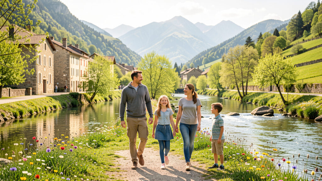 Une famille se promène au bord d’une rivière à Saint-Girons, entourée de verdure, de fleurs printanières et de montagnes pyrénéennes.