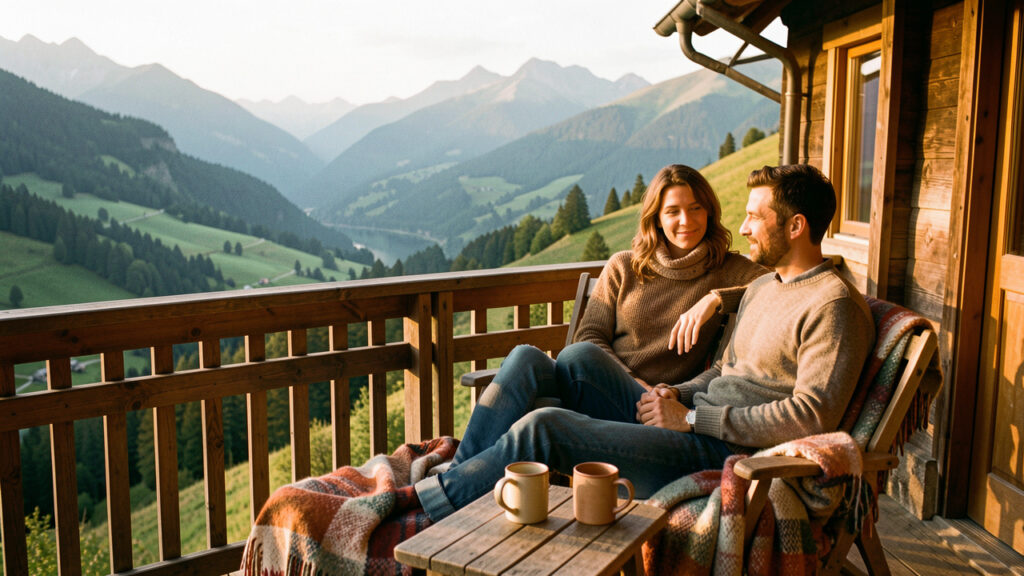 Un couple profite d’une terrasse de chalet chaleureux avec vue sur les vallées verdoyantes du Couserans dans les Pyrénées.
