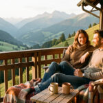 Un couple profite d’une terrasse de chalet chaleureux avec vue sur les vallées verdoyantes du Couserans dans les Pyrénées.