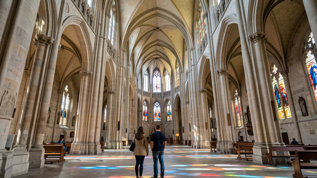 Vue intérieure réaliste de la cathédrale Saint-Étienne de Metz, montrant la nef gothique éclairée par les couleurs des vitraux et quelques visiteurs discrets.