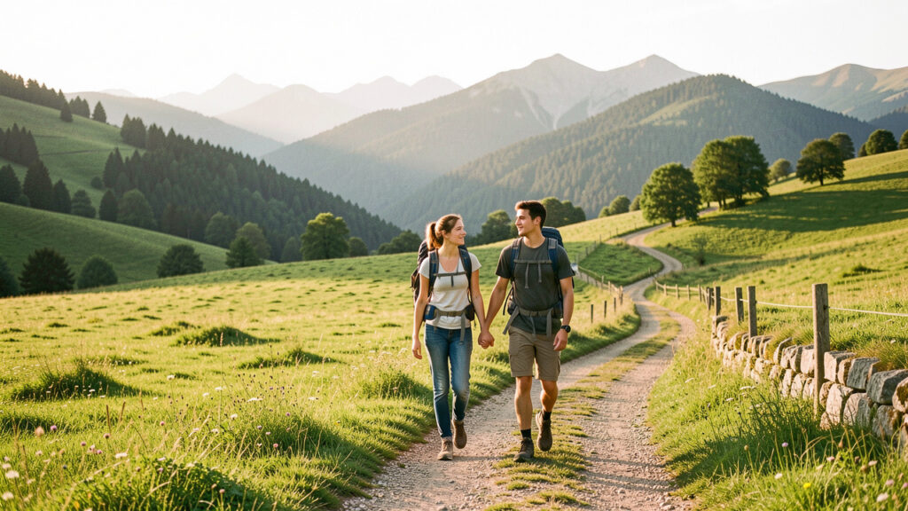 Une jeune femme et un jeune homme commencent une randonnée à pied près de Saint-Girons, sur un sentier rural entouré de prairies et de collines pyrénéennes.