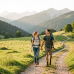 Une jeune femme et un jeune homme commencent une randonnée à pied près de Saint-Girons, sur un sentier rural entouré de prairies et de collines pyrénéennes.