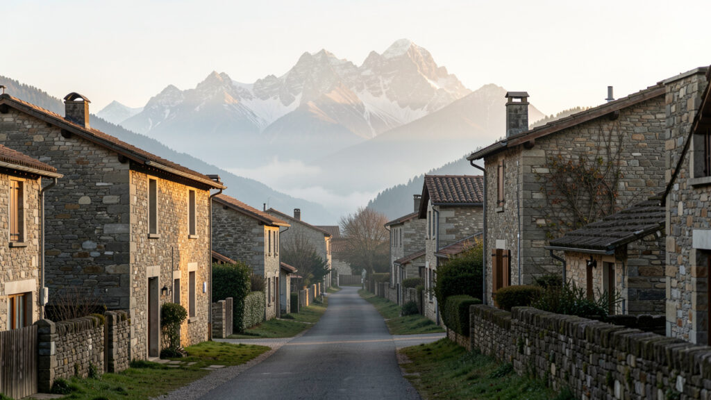 Vue éditoriale d’un village pyrénéen de Haute-Garonne au petit matin, avec des maisons de pierre, un sentier balisé et les sommets montagneux en arrière-plan dans une lumière douce.