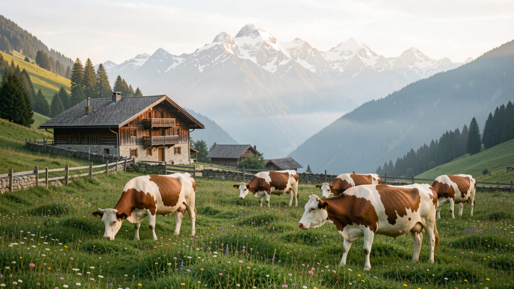 Ferme traditionnelle en bois dans les Aravis près de Thônes, avec des vaches Abondance au pâturage, des fleurs sauvages et les sommets alpins éclairés par la douce lumière du matin.