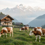 Ferme traditionnelle en bois dans les Aravis près de Thônes, avec des vaches Abondance au pâturage, des fleurs sauvages et les sommets alpins éclairés par la douce lumière du matin.