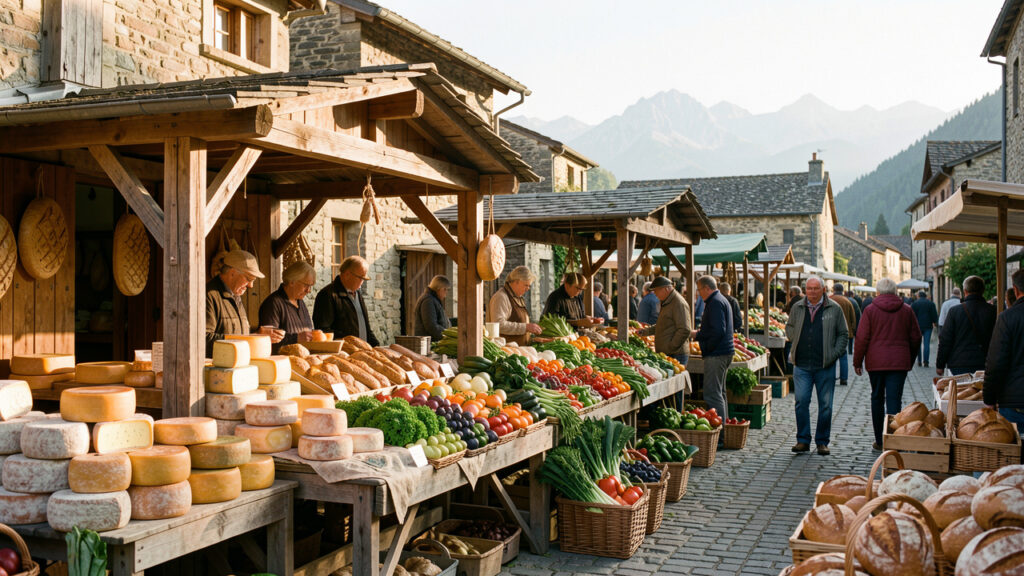 Marché traditionnel dans un bourg ariégeois avec étals de fromages, légumes et pains, sur fond de montagnes pyrénéennes baignées par la douce lumière du matin.