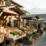 Marché traditionnel dans un bourg ariégeois avec étals de fromages, légumes et pains, sur fond de montagnes pyrénéennes baignées par la douce lumière du matin.