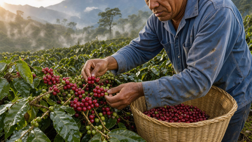 Un caféiculteur andin récolte à la main des cerises de café rouges dans une plantation verdoyante, sous la douce lumière du matin.