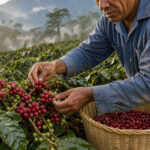 Un caféiculteur andin récolte à la main des cerises de café rouges dans une plantation verdoyante, sous la douce lumière du matin.